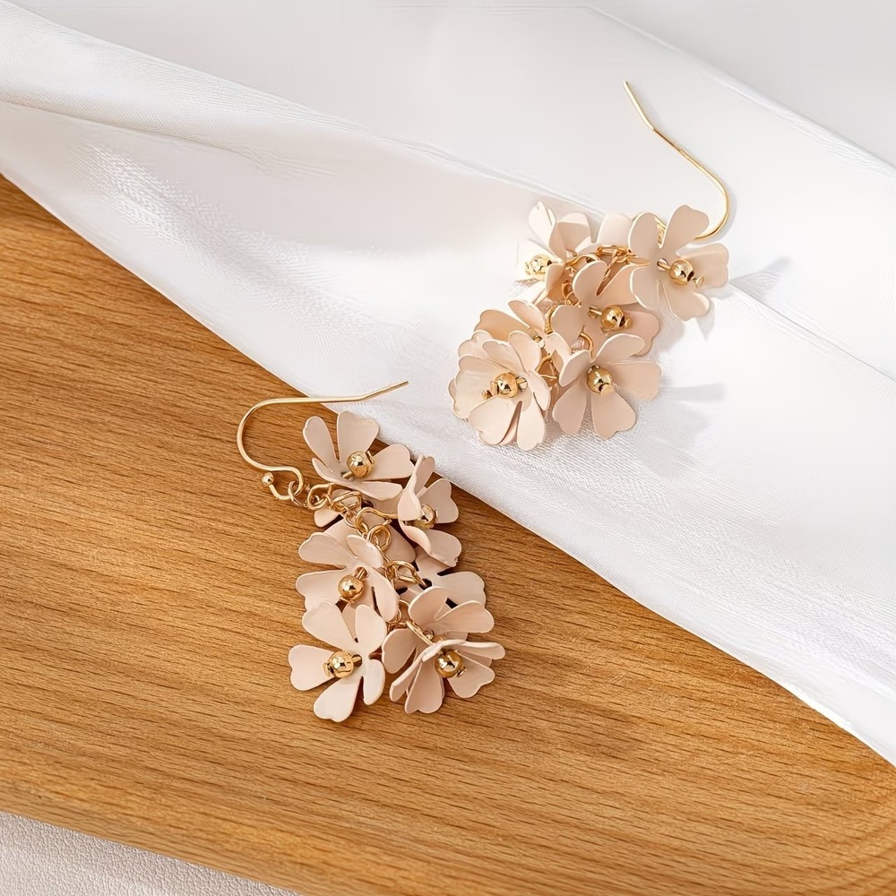 Blush Floral Cluster Drop Earrings‎ Gold Tone Matte Flower Dangle Romantic Boho